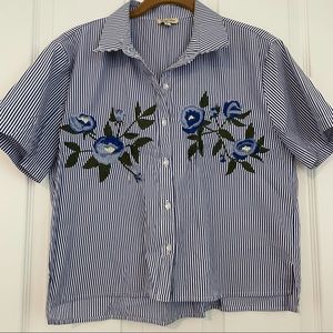 Blue / white striped button up with embroidery
